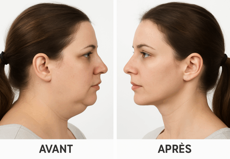 Résultat avant après d'une liposuccion du menton chez une femme - profil gauche