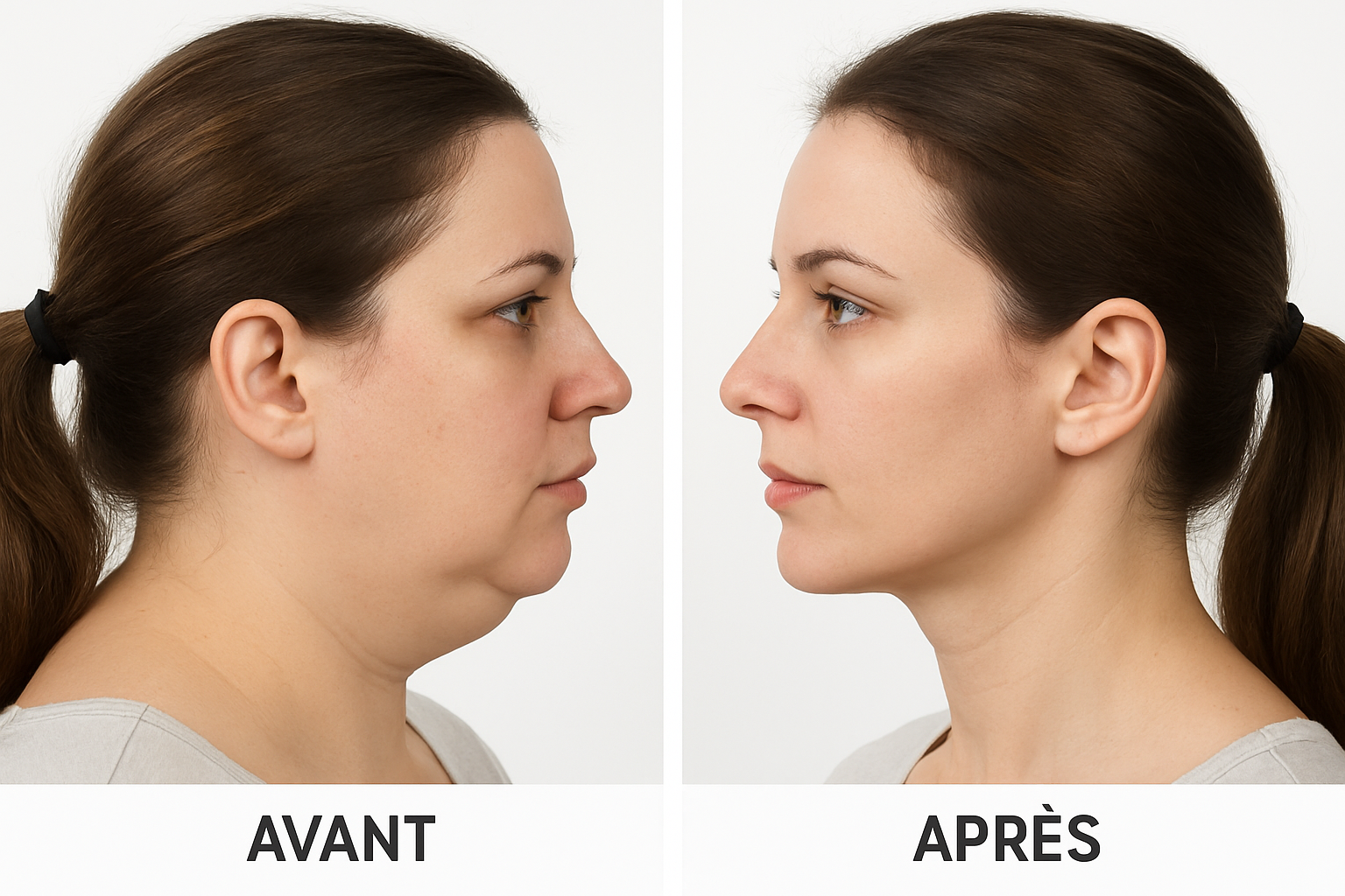 Résultat avant après d'une liposuccion du menton chez une femme - profil gauche