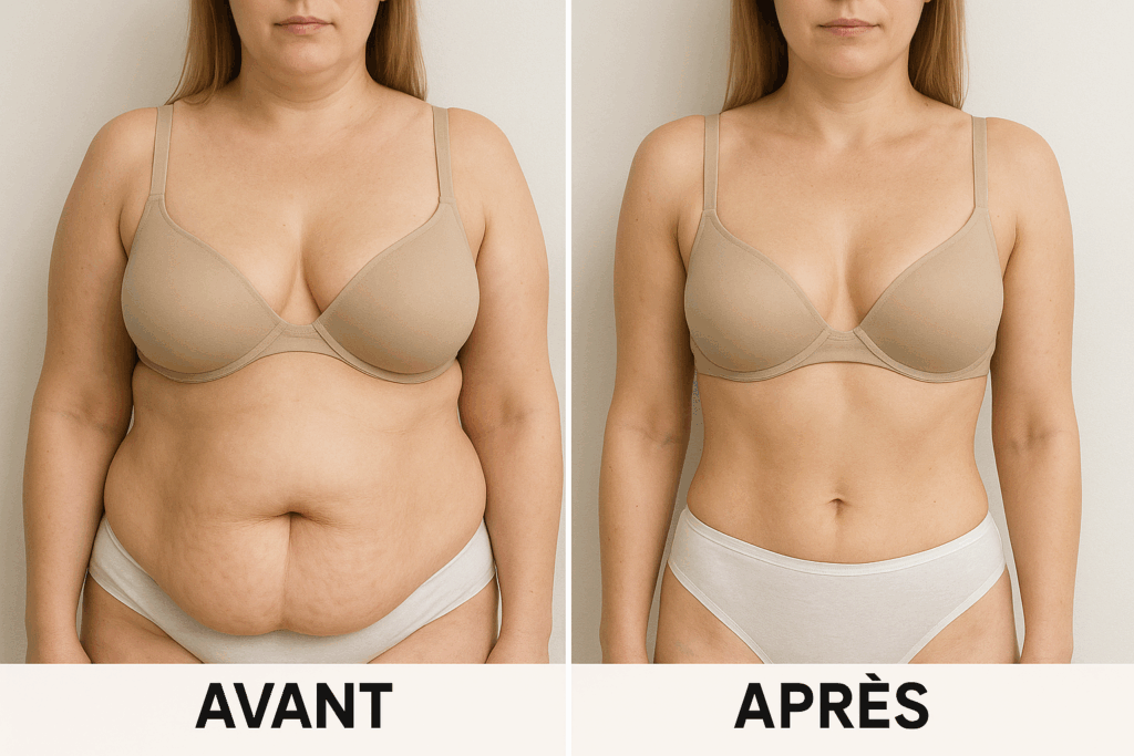 Résultat avant et après abdominoplastie sur une patiente avec excès de peau abdominale