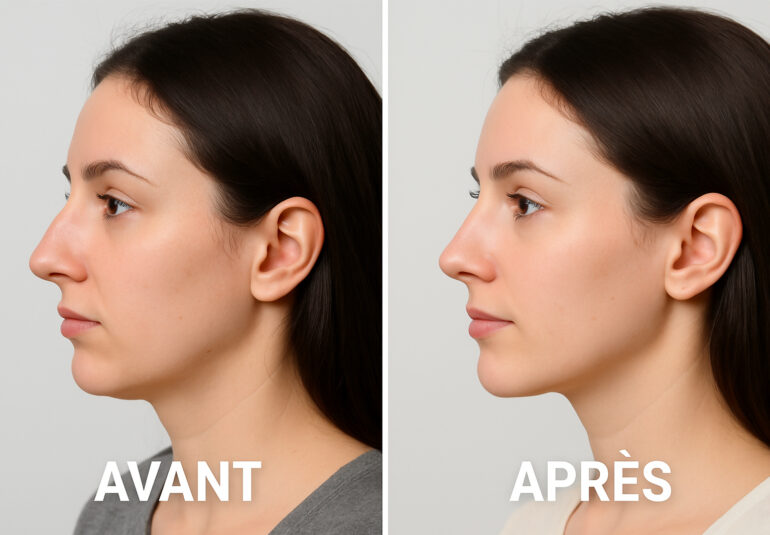 Profiloplastie avant et après : correction d’un nez proéminent et recul du menton pour un visage plus harmonieux
